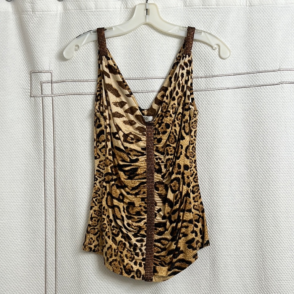 Cache Leopard Print Ruched Tank with Rhinestones